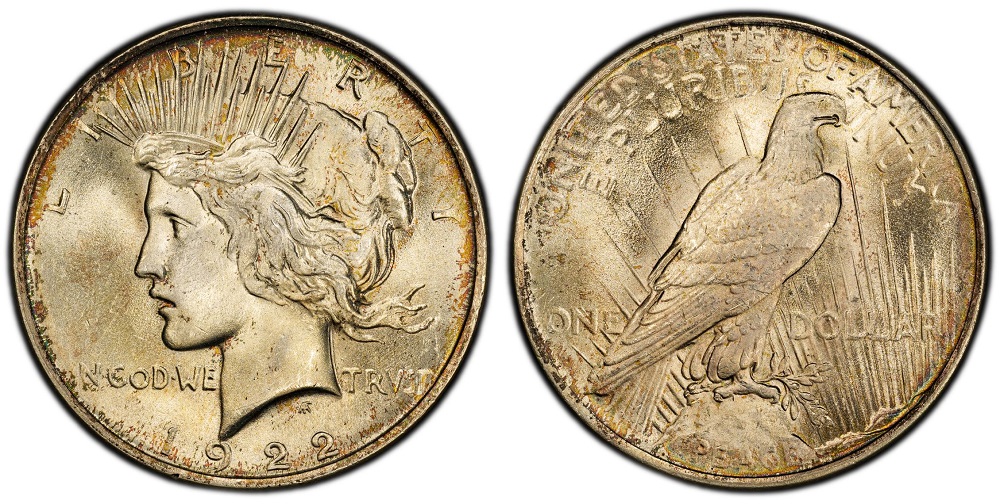 Grading strip showing 1922 Peace Dollar in four condition tiers from worn to gem mint state