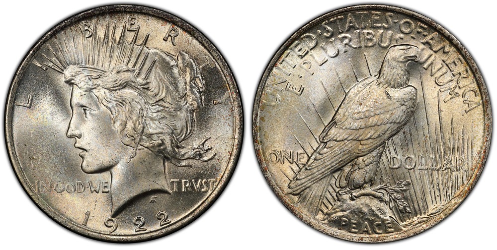 Side-by-side comparison of standard 1922 Peace Dollar vs Earring VAM showing die break blob in Liberty's hair