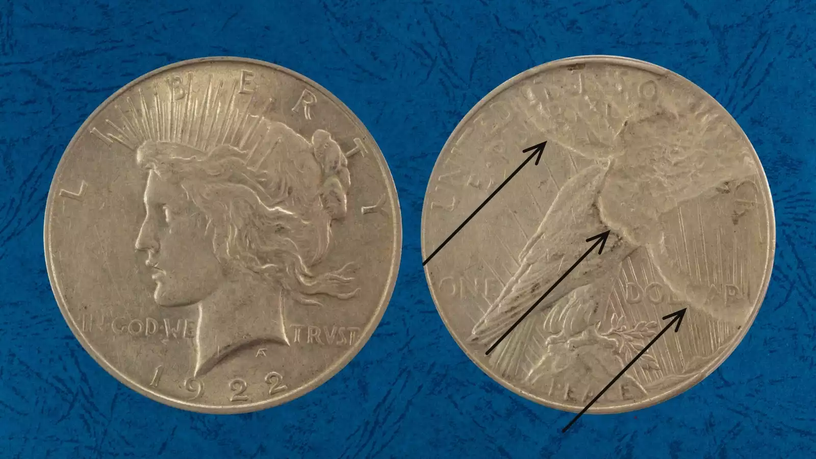 1922 Peace Dollar VAM-1A reverse showing die gouge lines in the rays near the eagle