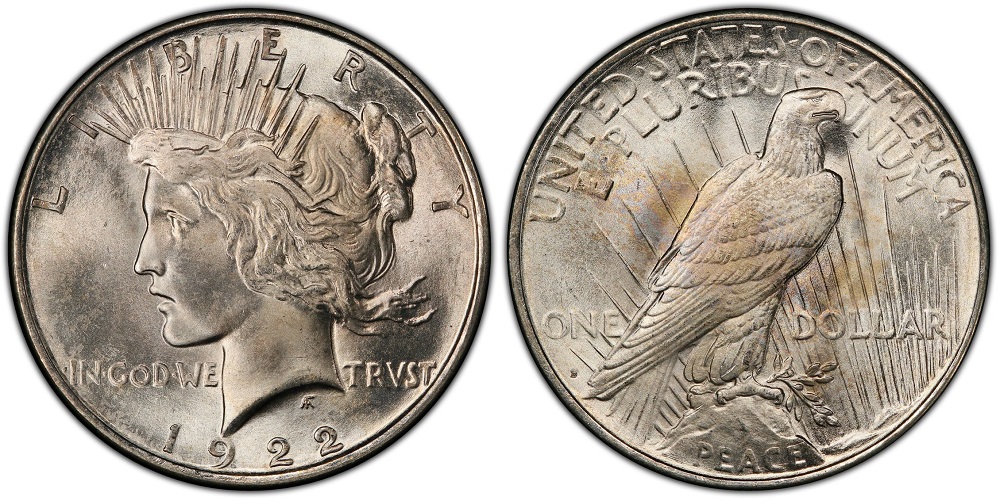 1922-D Peace Dollar showing the D mint mark above the eagle's tail feathers and Liberty obverse