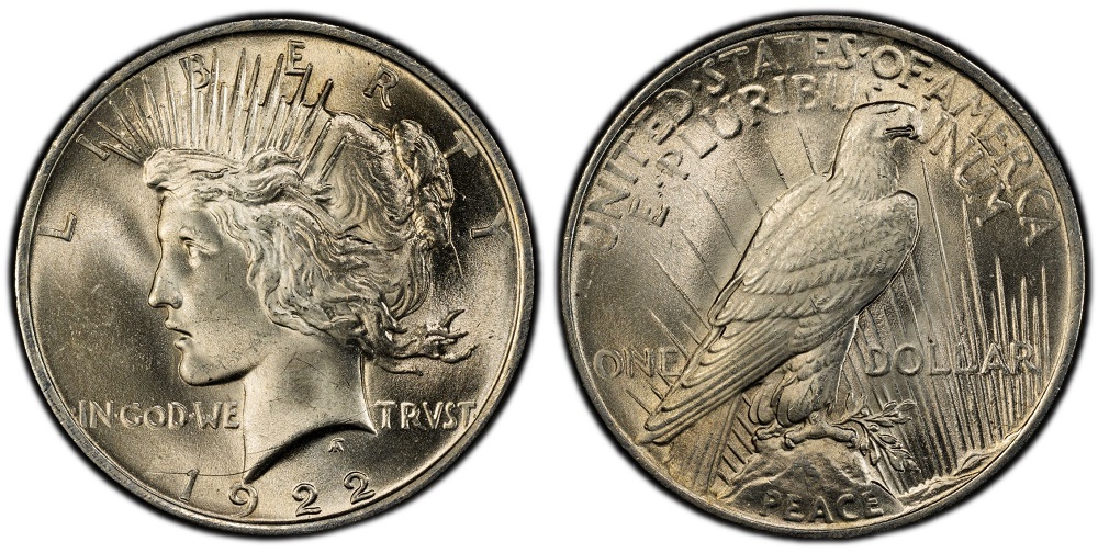 1922 Peace Dollar doubled die variety showing doubled lettering in IN GOD WE TRUST motto